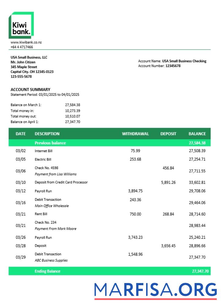 Realistic Kiwibank business firm statement Word and PDF format (1) sample